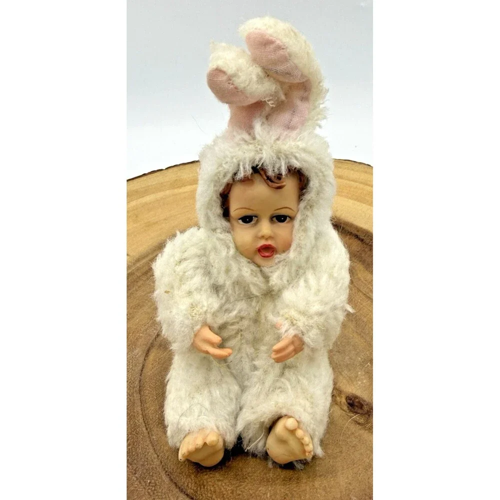 2 Vintage Miniature Porcelain Doll  in Fuzzy Fabric Bunny Costume 4